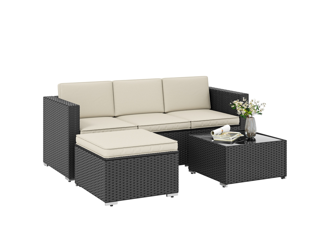 Conjunto De Preto Móveis Varim Jardim, Sofá 3 Lugares E Mesa Centro Com Tampo Vidro