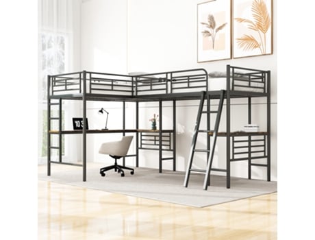 Cama Dupla Alta Escada Corrimão Arhatreya Mdf Metal Preto (90x200cm)