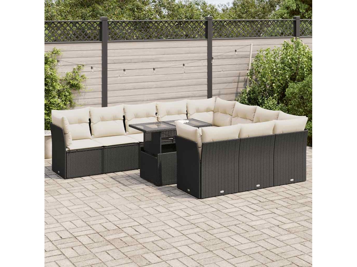 Vidaxl 11 Pcs Conjunto Sofás de Jardim C/ Almofadões Vime Pe Preto