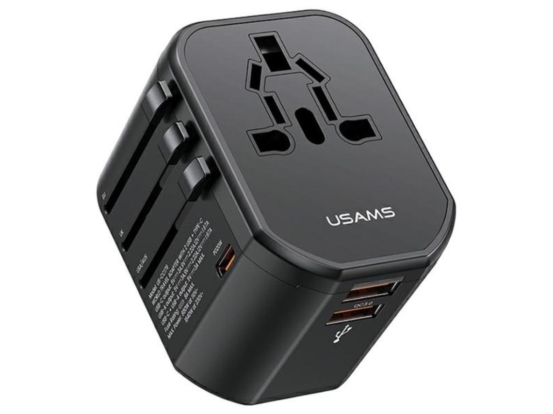 Adaptador De Carregador Viagem Universal Usams 20w 1x Usb, C 2x Usb Us/au/eu/uk T59 Preto