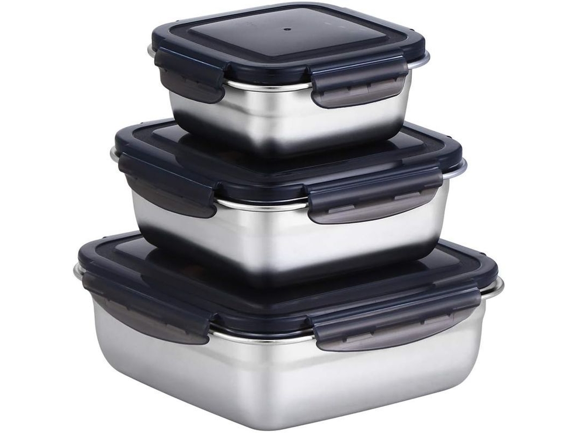 Conjunto De 3 Recipientes De Acero Inoxidable 304 Para Alimentos, Herméticos, Reutilizables, Ecológicos, Cuadrados, 400-1200ml