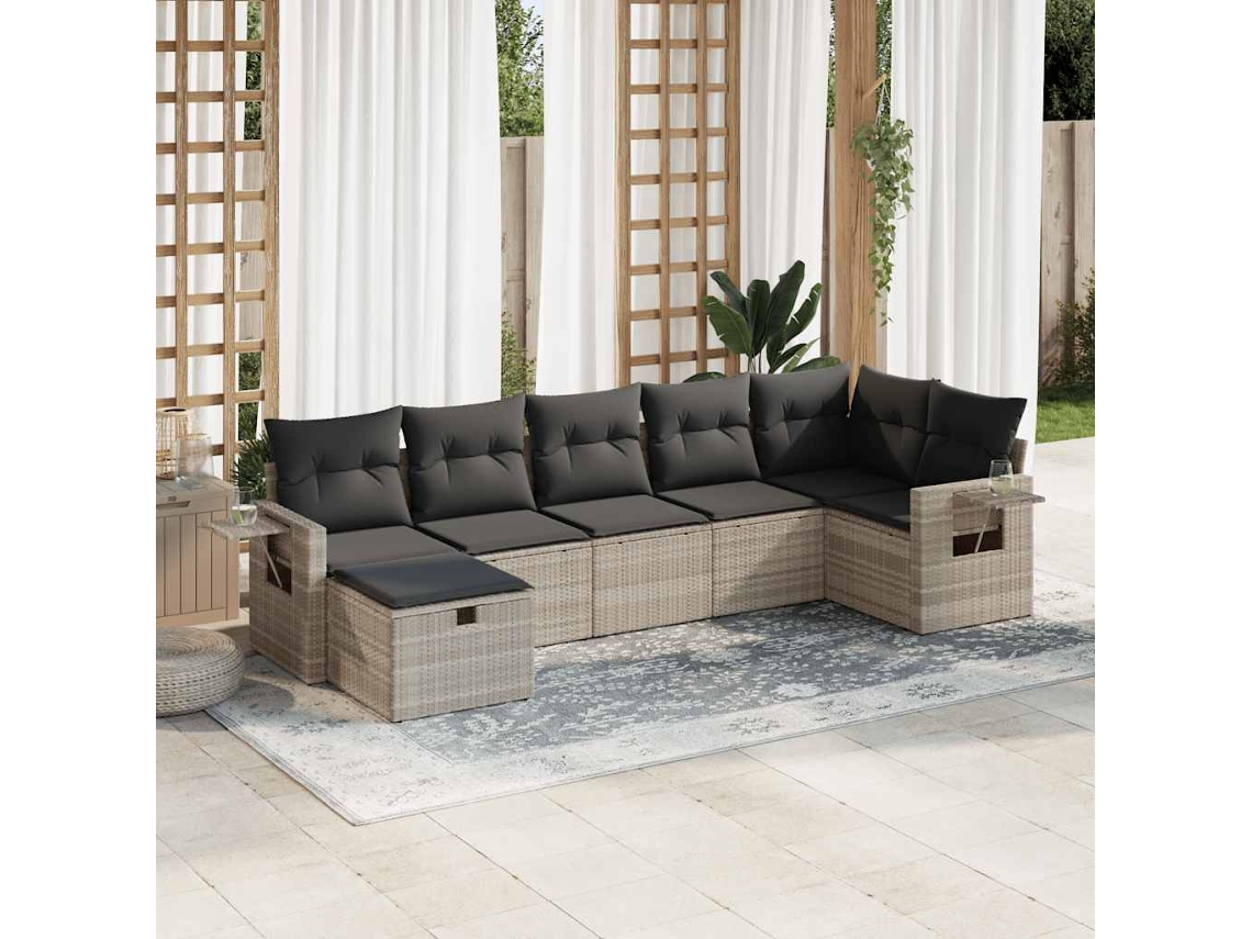 Vidaxl 7 Pcs Conj. Sofás Jardim Com Almofadões Vime Pe Cinzento-claro