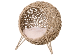 Cama Em Vime Sintético Com Base De Tripé Almofada Com Pelúcia E Algodão Suave Desenho Elevado Ø52x58 Cm Madeira