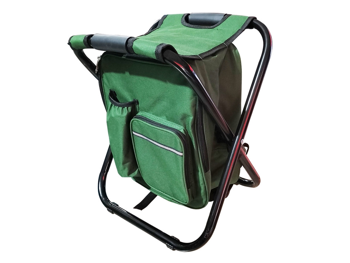Mochila dobrável de alta capacidade com bolsa térmica e acessórios para camping, pesca e atividades ao ar livre.