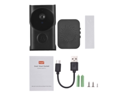 Câmera de vídeo inteligente Wi-Fi, controlada por aplicativo no celular, com tela sensível ao toque integrada.