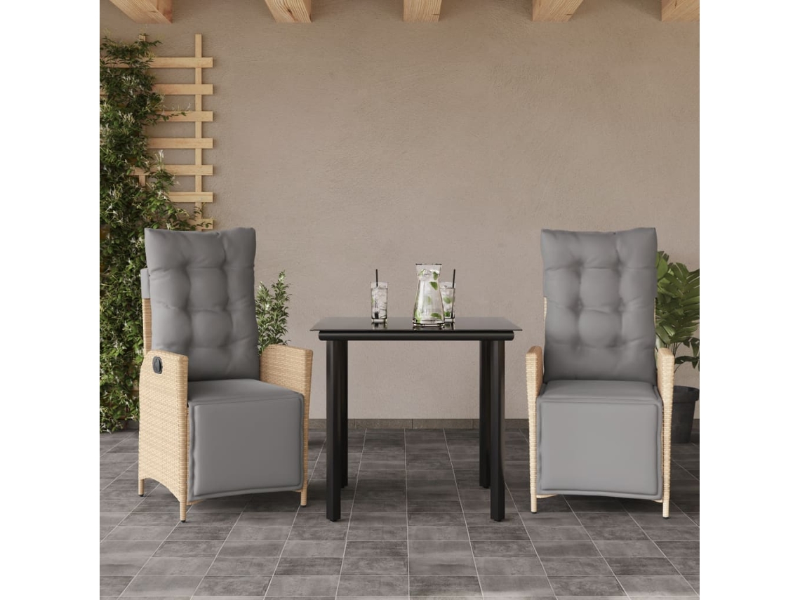 Pcs Conj. Jantar Jardim C/ Almofadões Vime Pe Bege Misturado Dkd Home Decor