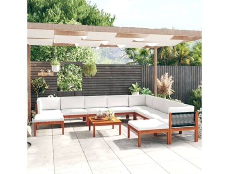 Conjunto De Lounge De Jardim Com 11 Peças E Travesseiros Em Madeira De Acácia Creme E Corda Haochrymec