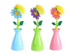3 escovas de cozinha com mango longo, forma de flor, azul, verde, rosa, para utensílios