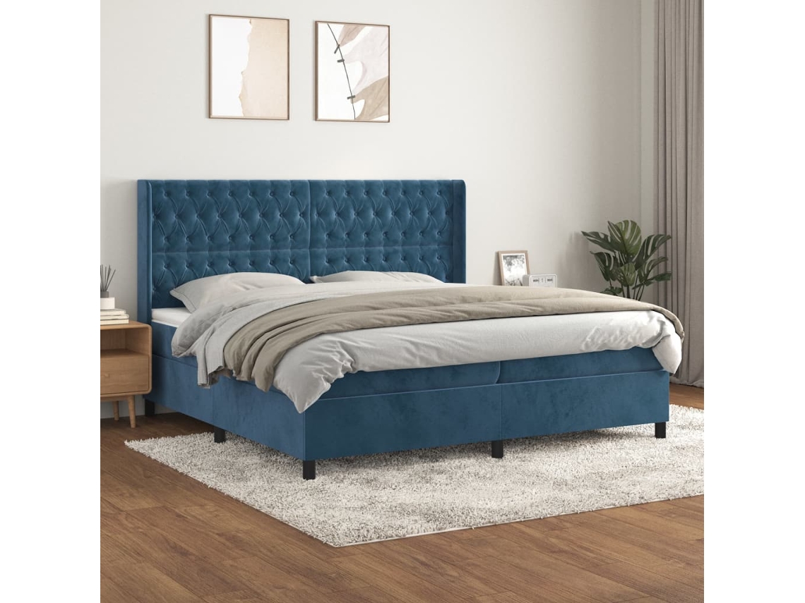 Cama Com Molas/colchão 200x200 Cm Veludo Azul-escuro