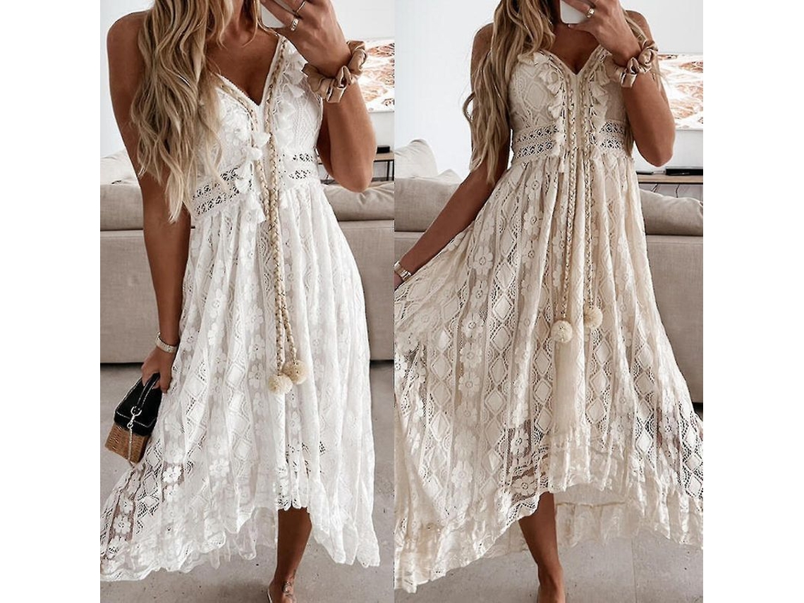 2026 vestido Midi de Encaje Con Tirantes, Falda Ancha Y Cuello V, Elegante Y Sexy para Fiesta de Verano