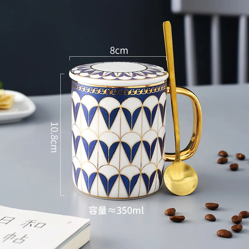 Caneca de Café de Cerâmica Criativa em Estilo Inglês com Borda Dourada e Tampa, Caneca para Chá de Escritório MDUG (estilo a 350ml)