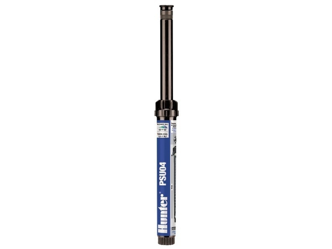 Difusor HUNTER PSU-04-17A. Alcance 5,20 m Altura total: 18,4 cm Altura de emergência: 10cm Diâmetro exposto: 3 cm Conexão: ½ fêmea Alcance: