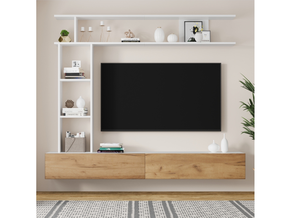 Conjunto Painel Tv 180×35×22,5cm, Parede/chão, Até 80 Polegadas, Branco+madeira.