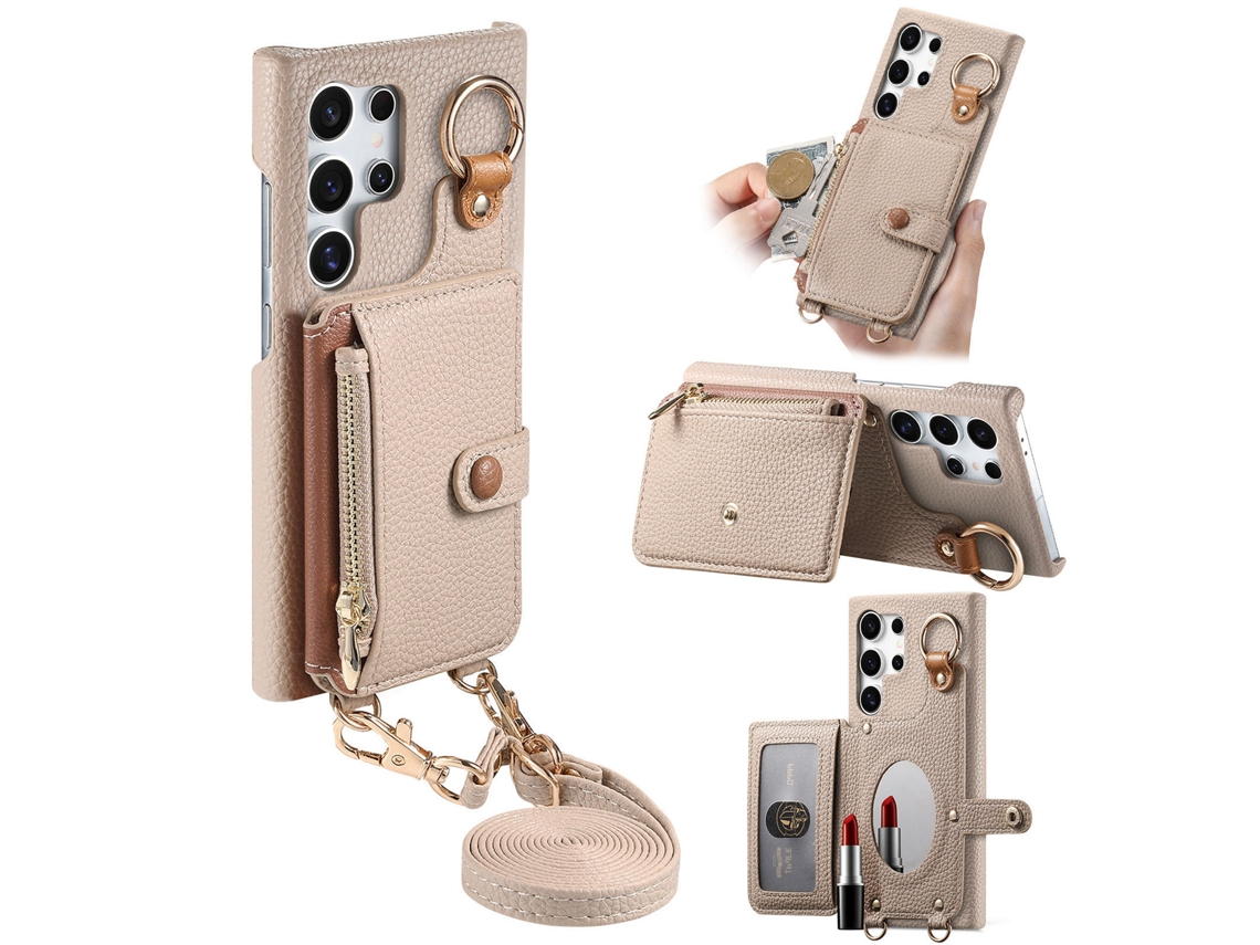 Capa Para Samsung Galaxy S26 Plus, Em Couro Pu,espelho Embutido E Porta-cartões. Cáqui Czhhmart