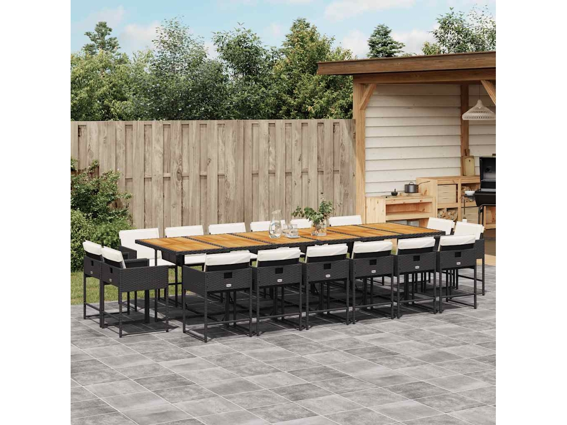 Vidaxl 17 Pcs Conjunto De Jantar P/ Jardim C/ Almofadões Vime Pe Preto