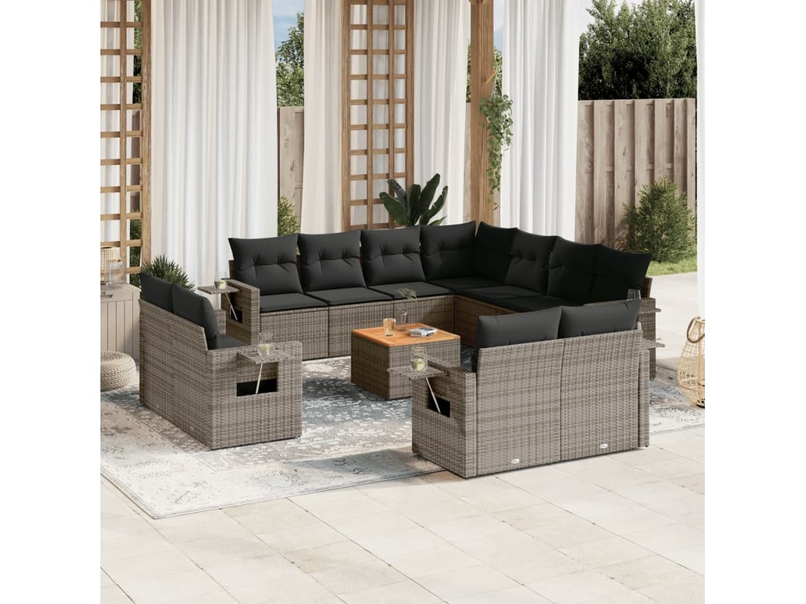 Vidaxl 12 Pcs Conjunto De Sofás Jardim C/ Almofadões Vime Pe Cinzento