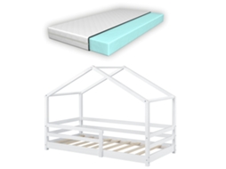 Cama Infantil Estilo Cabana Com Colchão Estrado De Ripas E Grade De Proteção Em Madeira De Pinho Branco 80 X 160 Cm 03_0005473