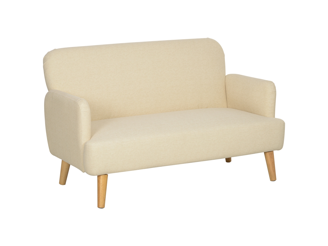 Sofá 2 Lugares Aveludado Pés Madeira Branco Creme 130x74x79cm VELTRIX