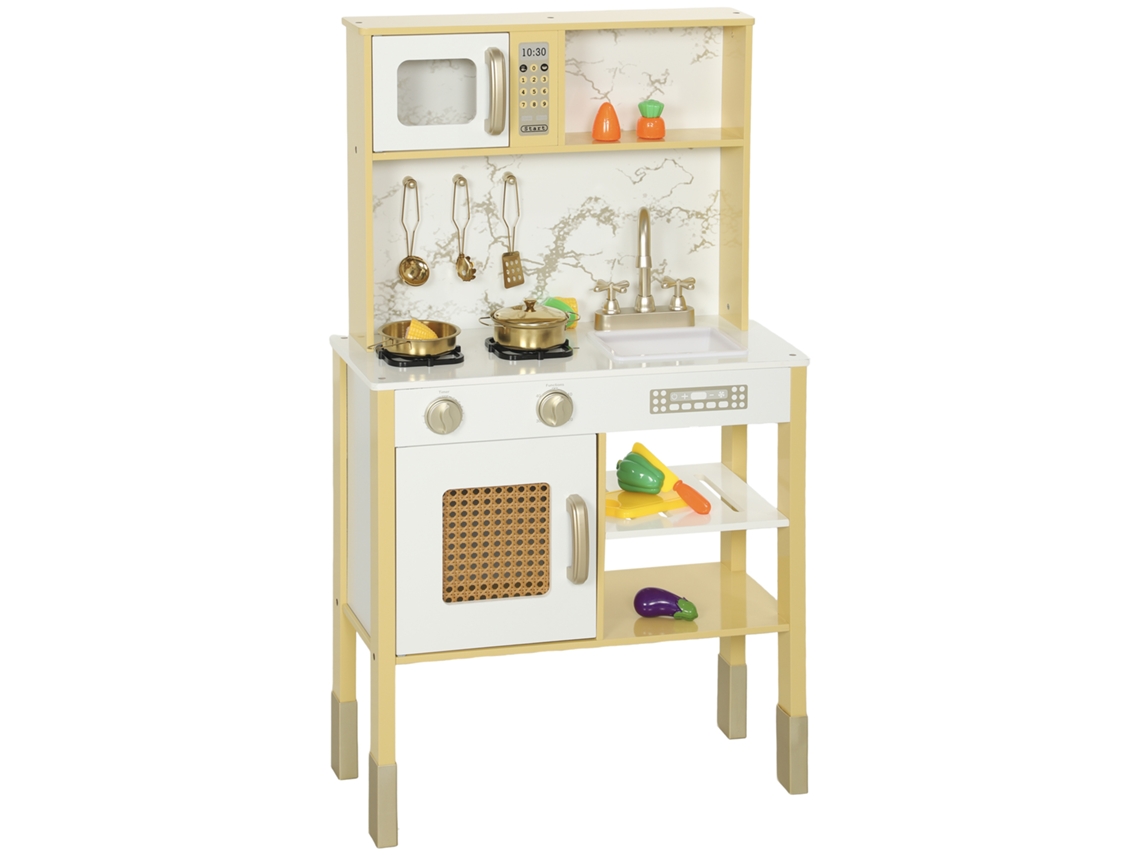 Cozinha Brinquedo Madeira, Som, Acessórios Aço Inoxidável, Dourado