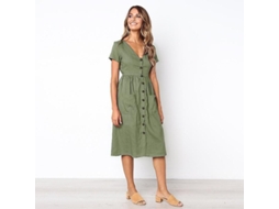 VESTIDO Casual Midi Fasst para Mulher, Manga Curta, Gola V, Botões, Bolsos | S/MARCA