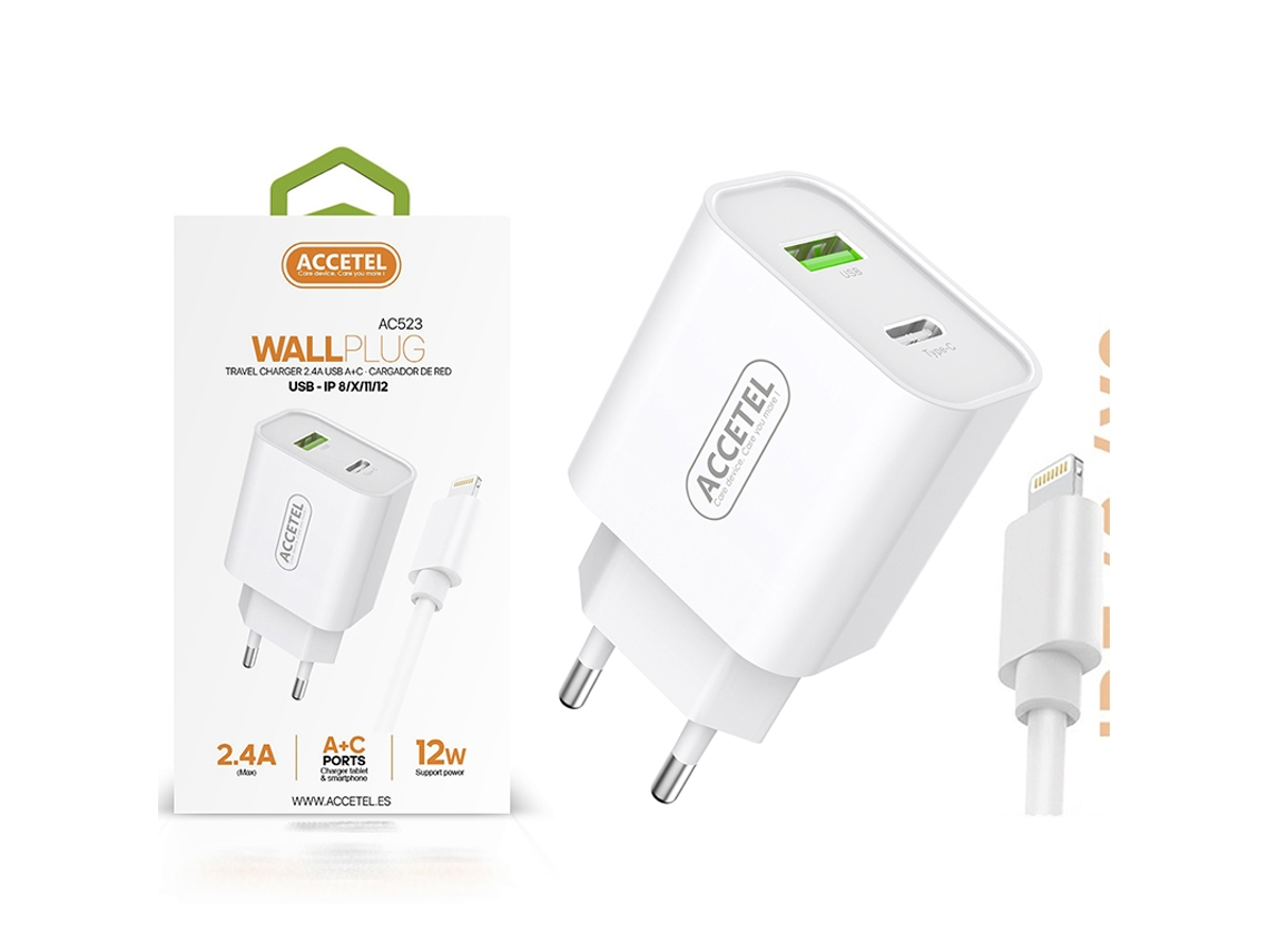 Kit Carregador Dupla Entrada USB + Type-C com Cabo Lightning AC523 para Apple iPhone 14 Plus Rápido Carregamento 2.4A 12W Branco