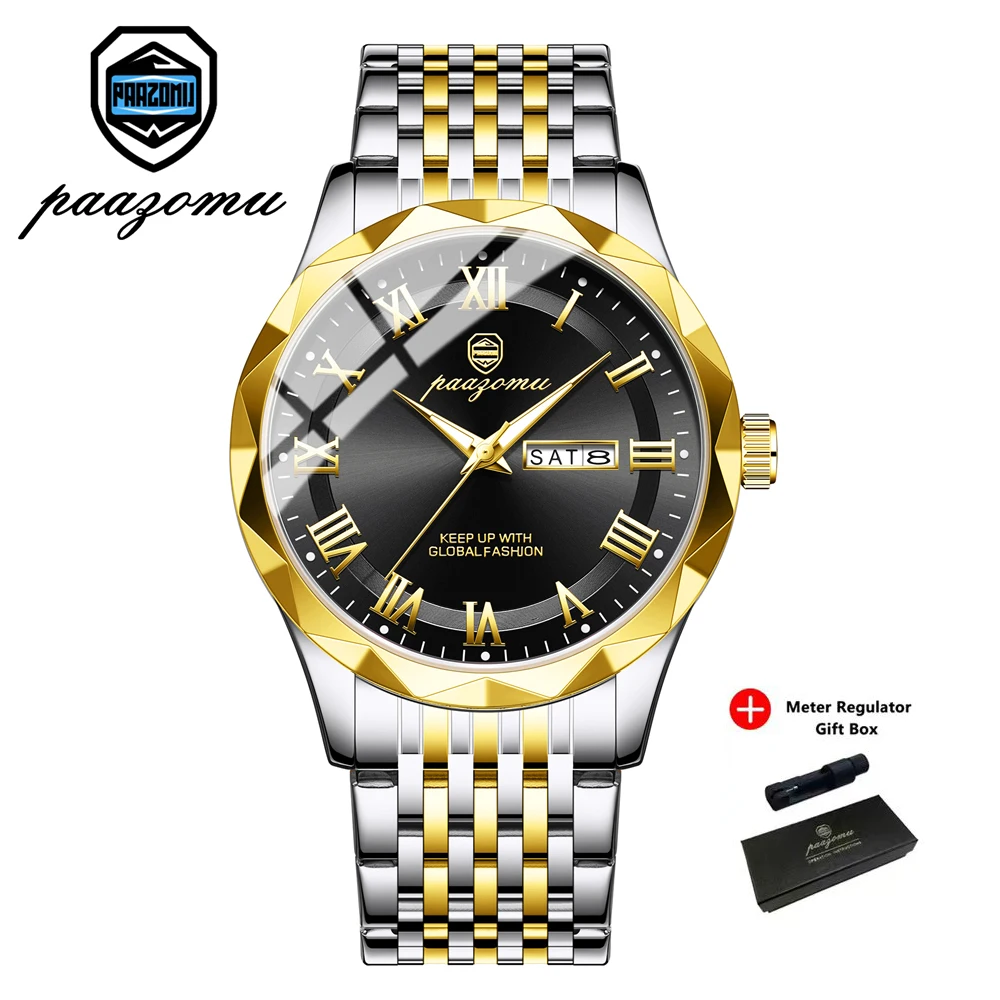Relógio Elegante E Luminoso (dourado E Preto), Com Data E Dia Da Semana, À Prova D'água E Casual.
