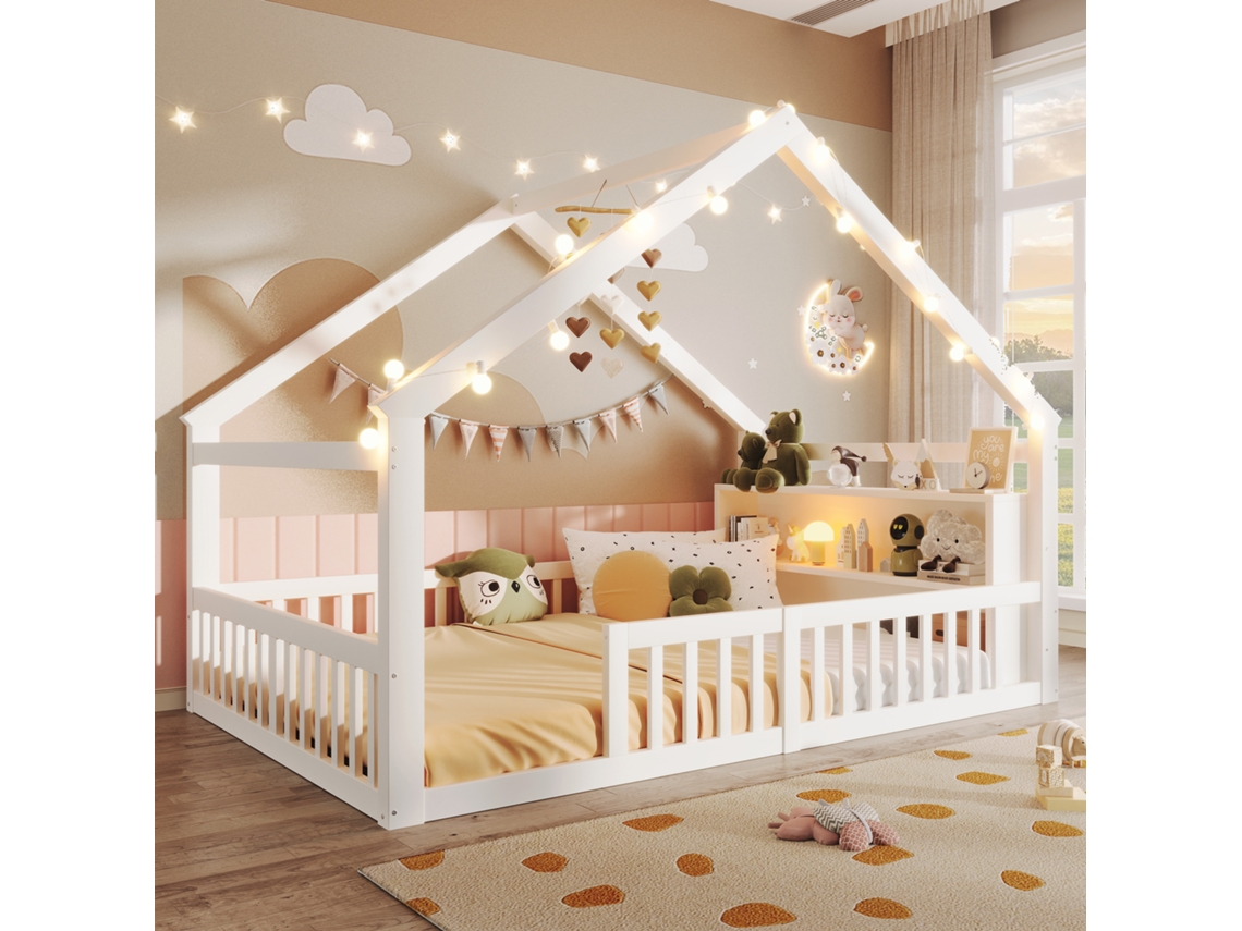 Cama Baixa 140x190 Cm Berço Com Grades, Estilo Minimalista, Madeira De Pinho, Branco Mobrio