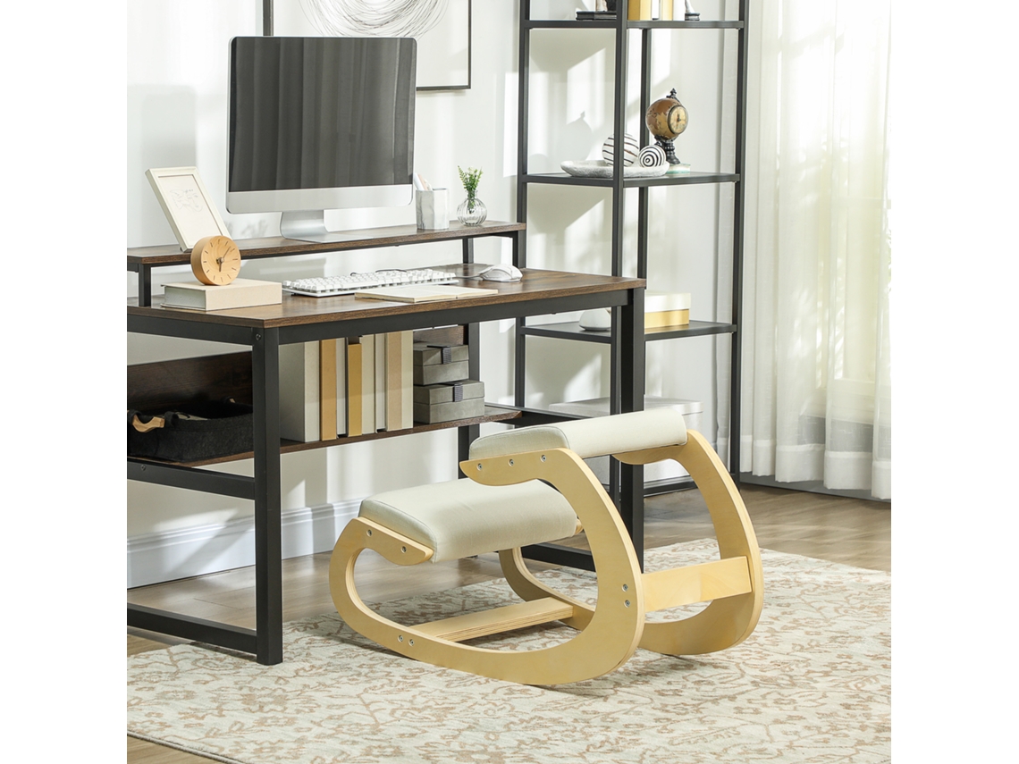 Cadeira Ergonômica De Joelhos Com Balanço, Moderna, Tecido Linho E Bétula, 55x85x55 Cm, Creme