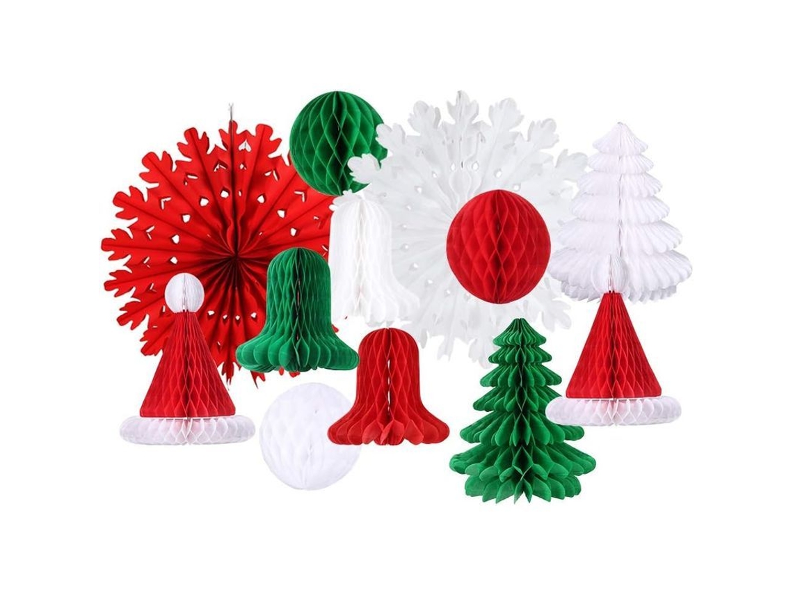 Decorações De Festa De Natal Com Ventiladores De Papel E Pompons Honeycomb Para Parede E Teto 11pcs