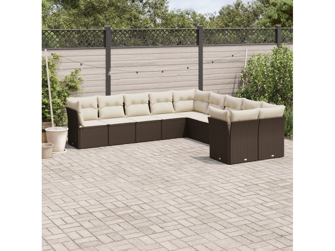 Vidaxl 10 Pcs Conj. Sofás Jardim Com Almofadões Vime Pe Castanho