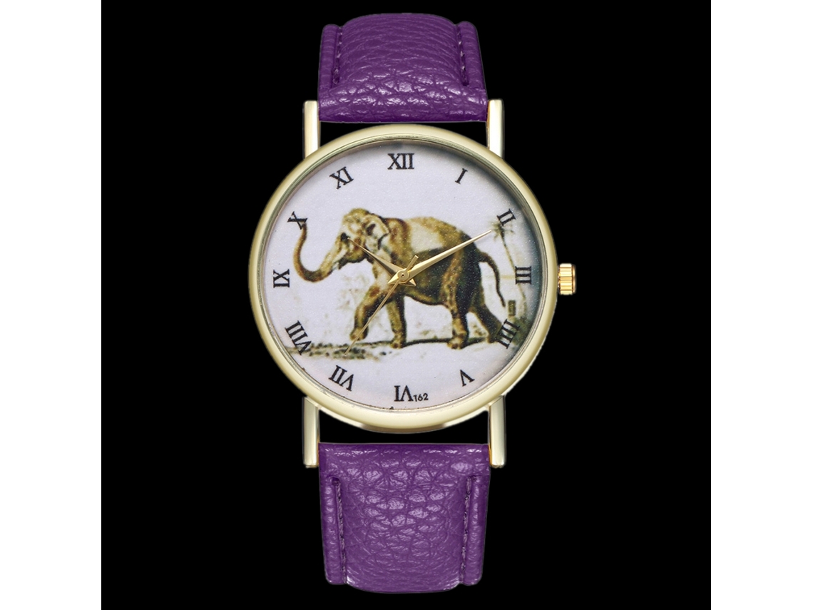 Relógio de pulso vintage com escala romana, pulseira de PU e estampa de elefante roxo.