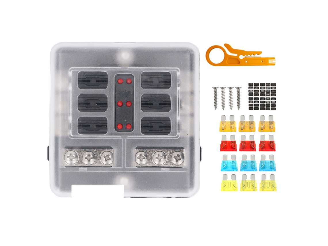 Panel de Fusibles de 6 Vías Con Indicador Led, Tapa Impermeable Y Bus Negativo para Automóvel, Caminhão, Barco, Rv, Reboque Dc12v 24v