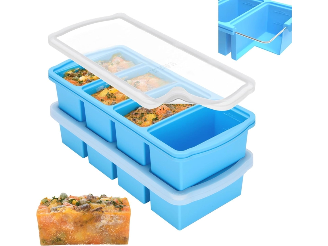 Conjunto De 2 Formas De Silicone Para Congelador Com Tampa, Recipiente Para Congelar Sopa, Forma Grande Para Cubos De Gelo(azul)