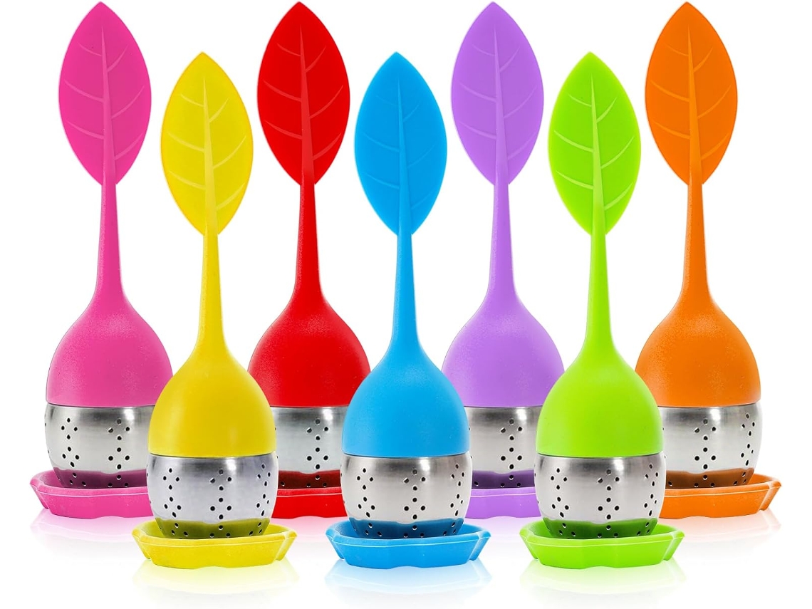 Kit Com 7 Infusores De Chá Silicone, Coador Fofo Para Folhas Soltas, Malha Fina Bandeja Coletora Gotas, Difusor Em Aço Inoxidável Aquaforge