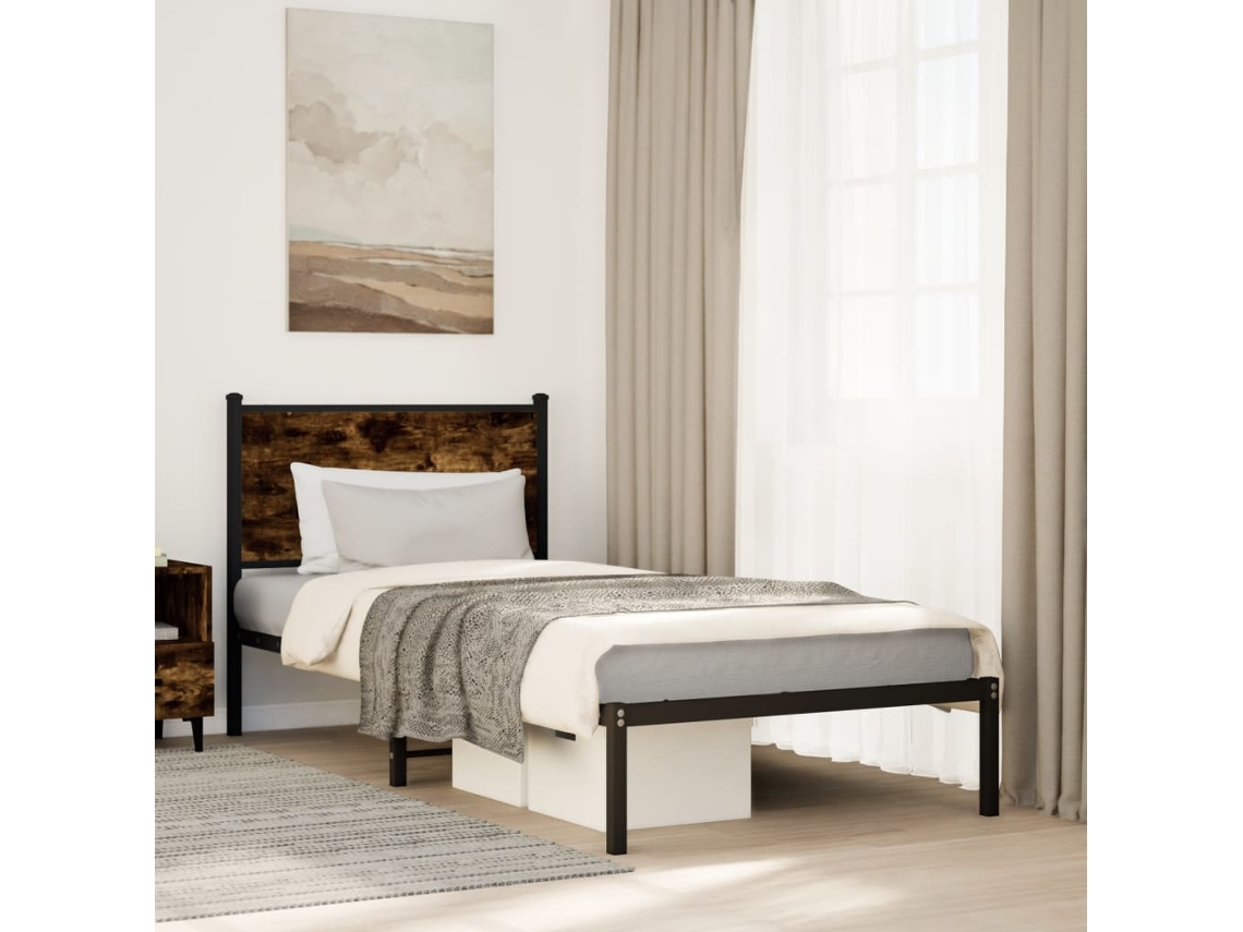 Vidaxl Estrutura De Cama Sem Colchão 75x190 Cm Metal Carvalho Fumado