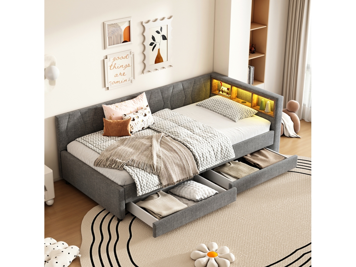 Sofá-cama 90x200cm Cinza Linho Gavetas Usb Typ C Lattenrost