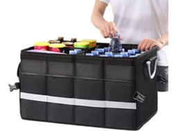 Organizador de bolsas para carro com vários compartimentos para armazenamento de carga.