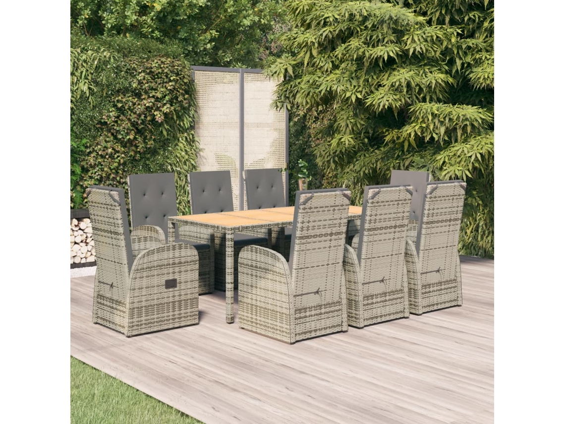Vidaxl 9 Pcs Conjunto De Jantar P/ Jardim C/ Almofadões Vime Pe Cinza