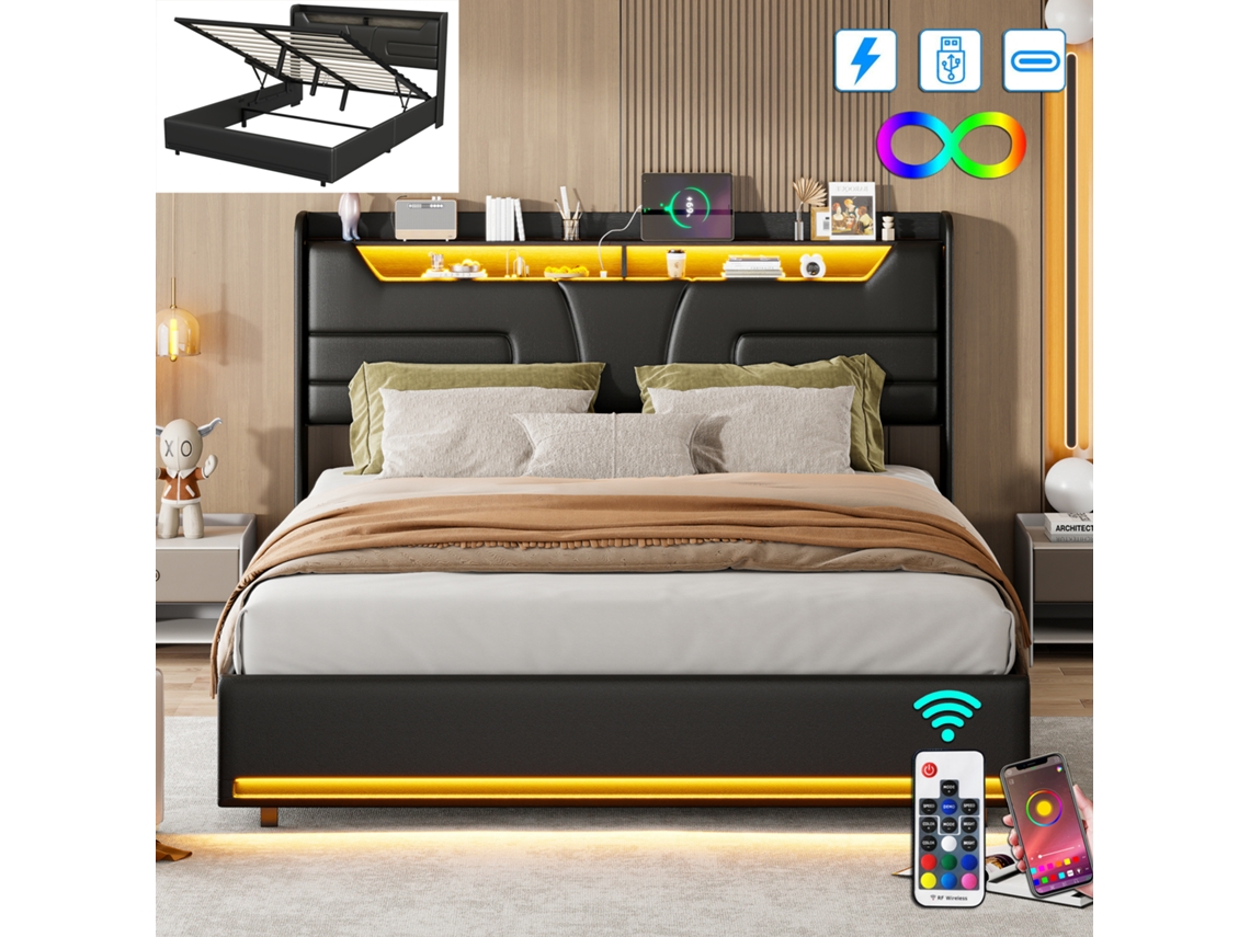 Cama Estofada 140x200 Cm, Cama De Casal, Com Caixa De Armazenamento, Usb Tipo C, Comando Remoto Para Luzes Led, Tecido De Couro Pu Preto