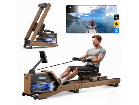 Máquina de remo de madeira à prova d'água Merach, 6 níveis de resistência, display LCD, conexão com aplicativo, tanque de água de 15 L, cor nogueira