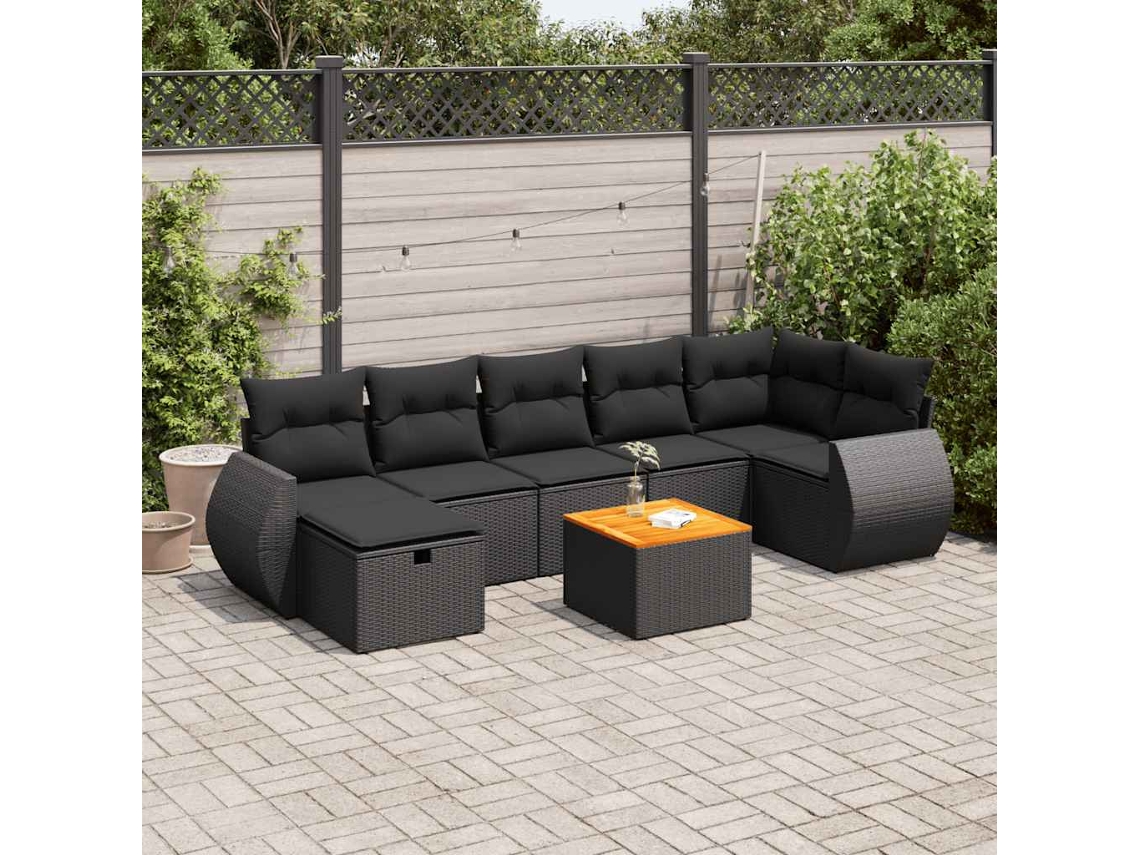 Vidaxl 8 Pcs Conjunto Sofás De Jardim Com Almofadões Vime Pe Preto
