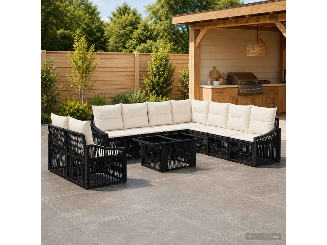 Vidaxl Conjunto De Sofá De Jardim 10 Unid. Preto E Branco Creme