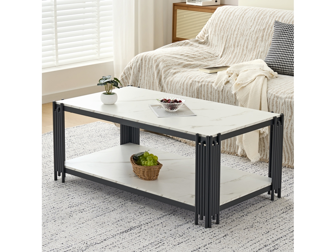 Mesa Retangular Com Pés Metálicos, Tampo Marmorizado, Móvel Moderno Para Sala, Branco E Preto – A46/l1140/p64 Cm.