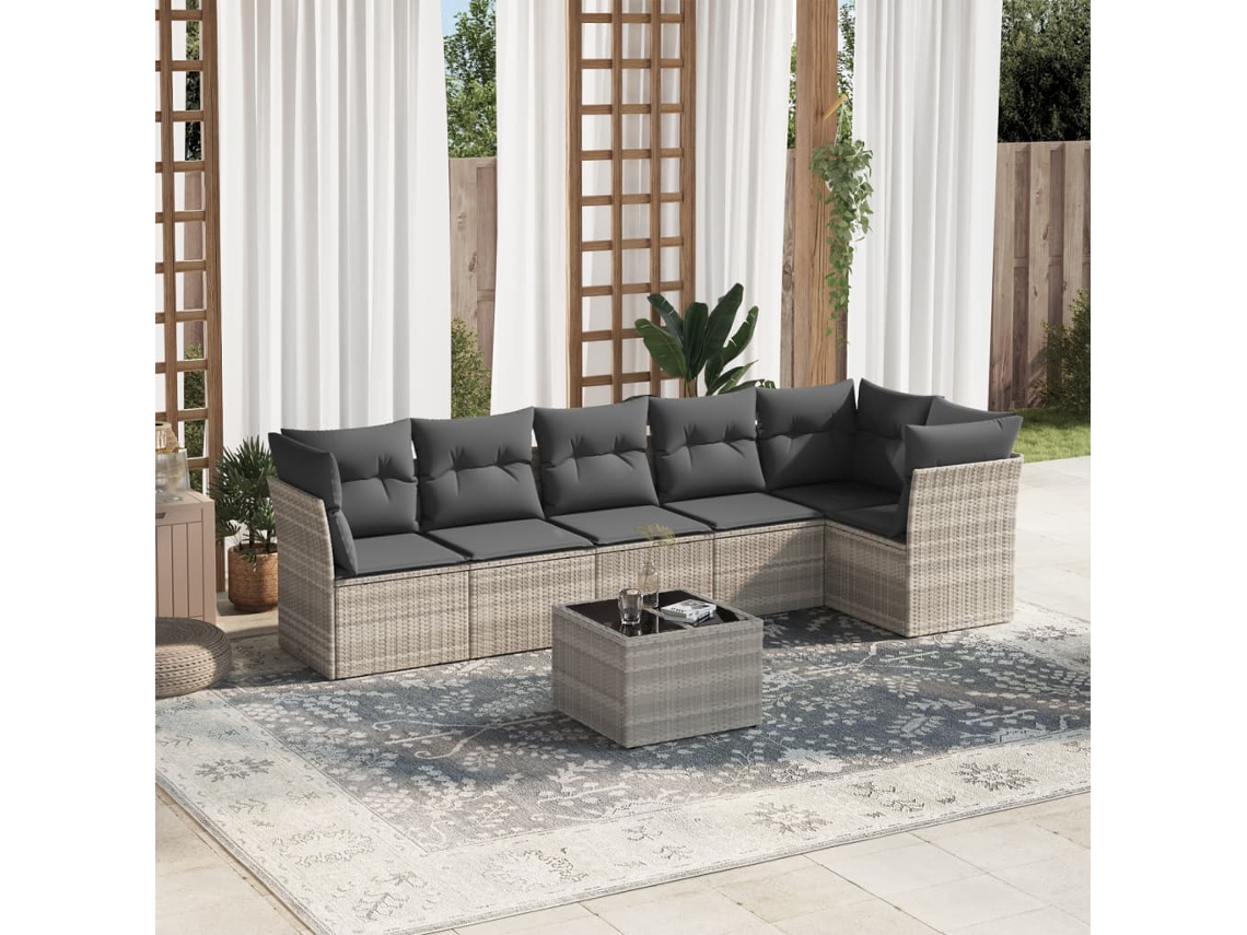 Vidaxl 7 Pcs Conj. Sofás Jardim Com Almofadões Vime Pe Cinzento-claro