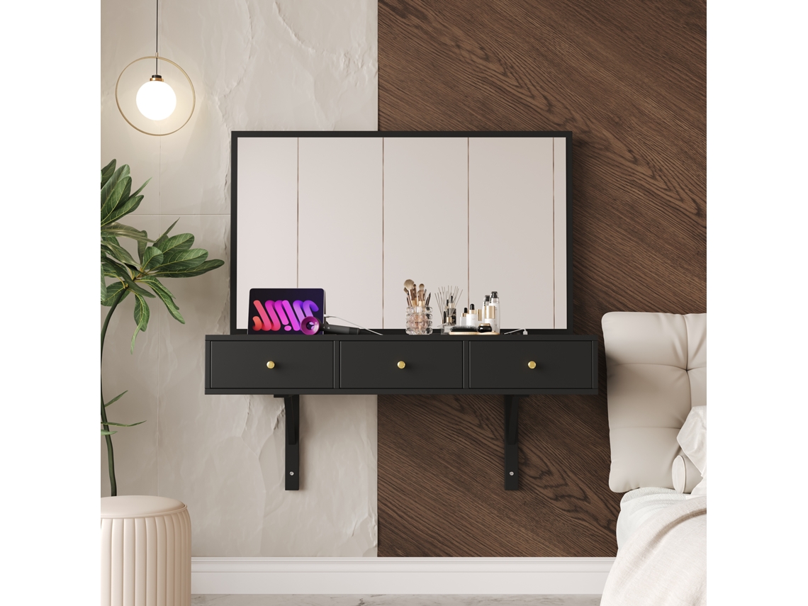 Toucador Parede Espelho 3 Gavetas Tomadas Preto 100x105x45cm VELTRIX