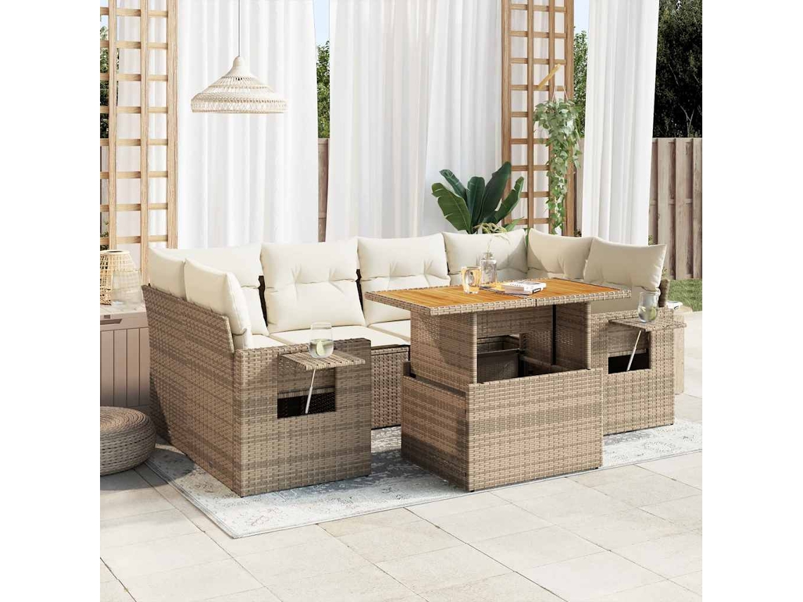 Vidaxl 7 Pcs Conjunto De Sofás P/ Jardim Com Almofadões Vime Pe Bege