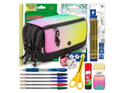 Estojo triplo Milan com 3 zíperes e material escolar incluso. Sunset Colepack