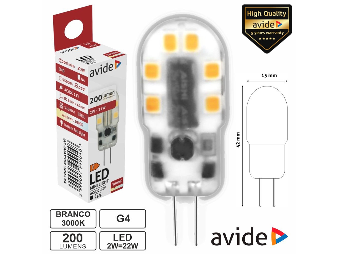 Lâmpada LED AVIDE G4 (2W 12V 3000K 200lm)