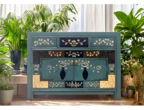 Cômoda Vintage Azul Bege Decorada Armário Chinês Aparador Estilo Colonial Estilo Antigo Aparador Asiático Oriental Extremo Oriente Vintageasia