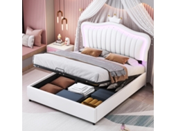 Cama Infantil Princess 140x200 Cm com Arrumação Hidráulica, Estrutura em Pu Branco, Iluminação Led, Estrado de Ripas Incluído. VSOGA